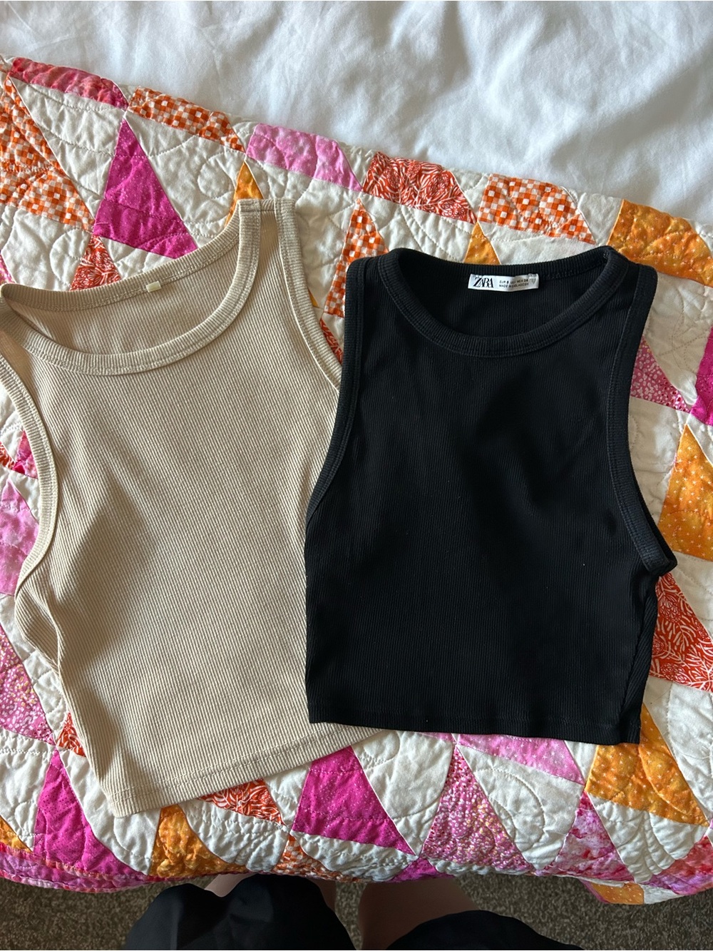 Zara Black and Beige Ribbed Crop Tank Duo